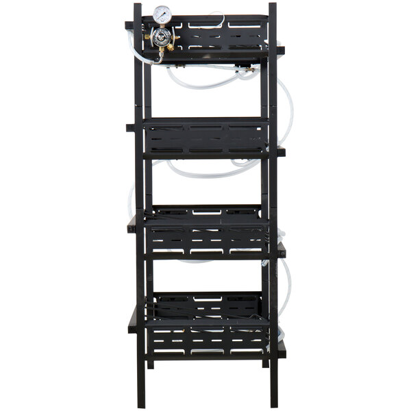 A black metal shelf with a hose and pressure gauge.