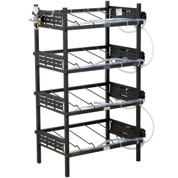 A black metal shelf with white tubes.