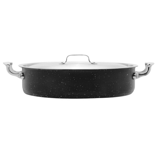 A silver stainless steel Bon Chef Galaxy brazier pot with a lid.