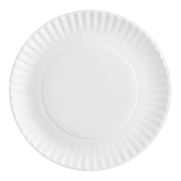 A round, white, 9-inch coated paper plate with a fluted edge.
