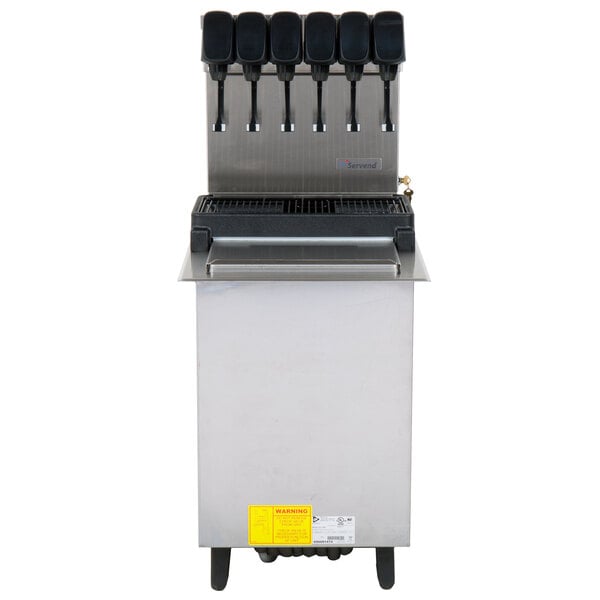 A Servend beverage dispenser machine with six valves and ice storage.