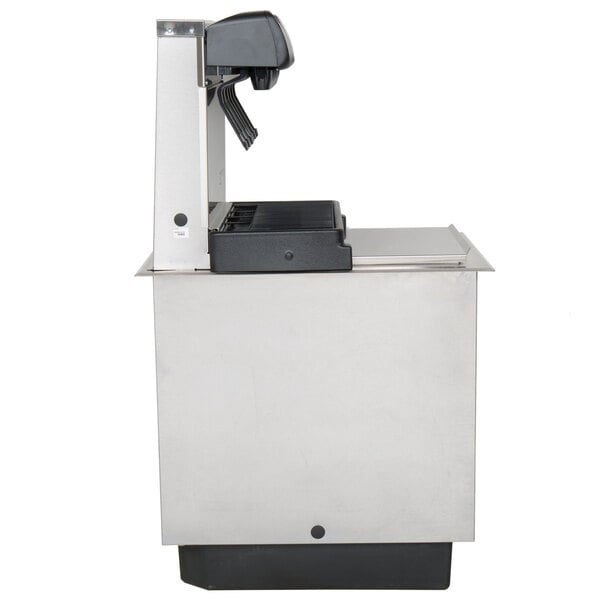 A Servend 6 valve drop-in soda fountain machine with a black tray.