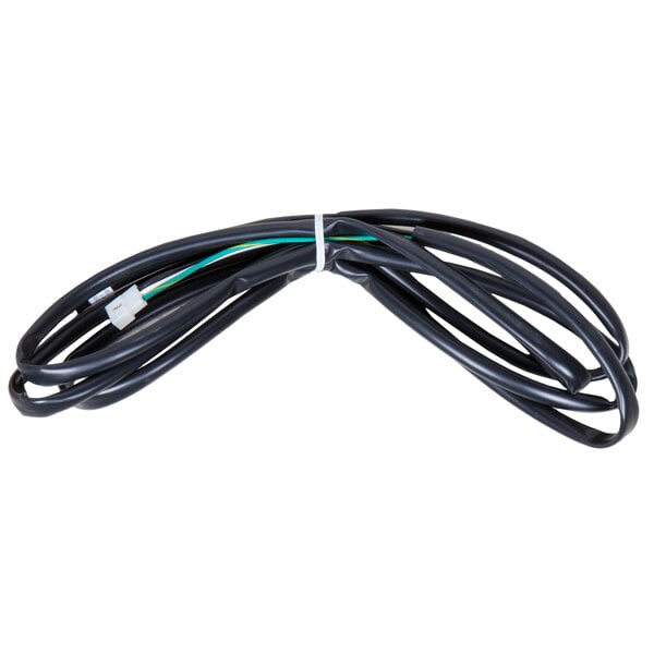 A close-up of a black electrical cable with white wires.