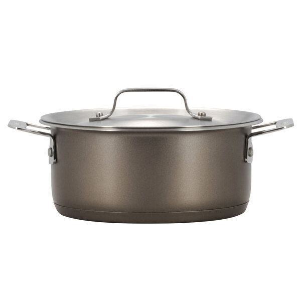 A Bon Chef taupe stainless steel induction pot with lid.