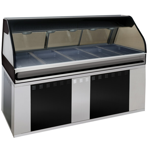 A stainless steel Alto-Shaam heated display case with curved glass and base.