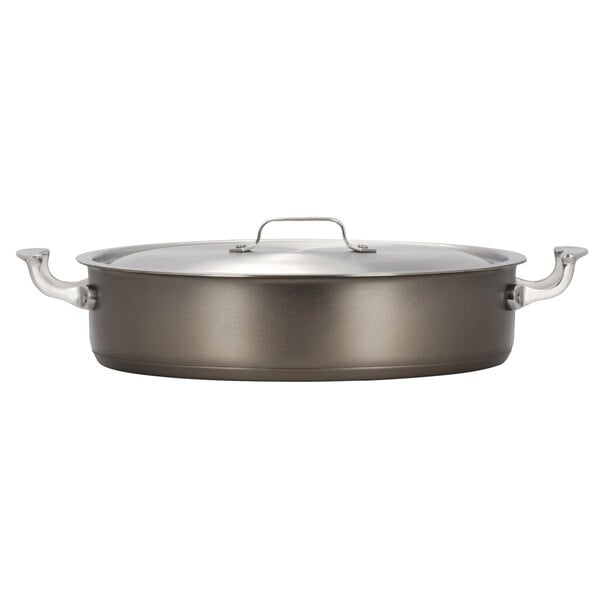 A Bon Chef taupe stainless steel brazier pot with a lid.