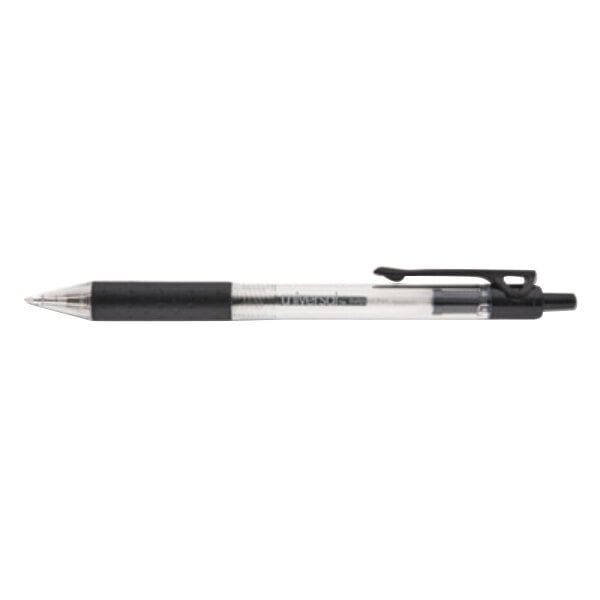 A close-up of a Universal black and silver ballpoint pen with a clear barrel.