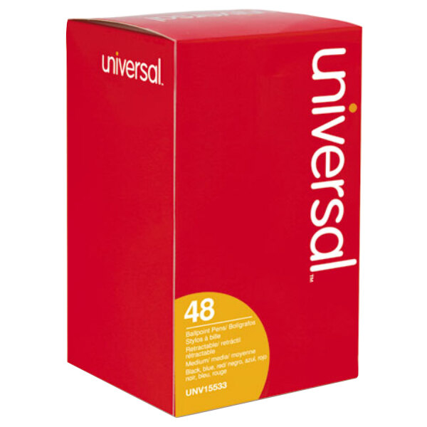 A red box with white text that reads "Universal UNV15533 Comfort Grip Black Ink with Clear Barrel 1mm Retractable Ballpoint Pen 48/Pack"