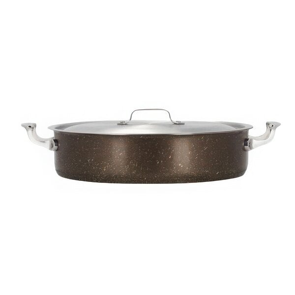 A Bon Chef stainless steel induction brazier pot with a lid.