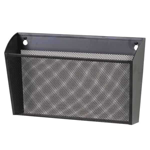 A black metal mesh wall file holder.