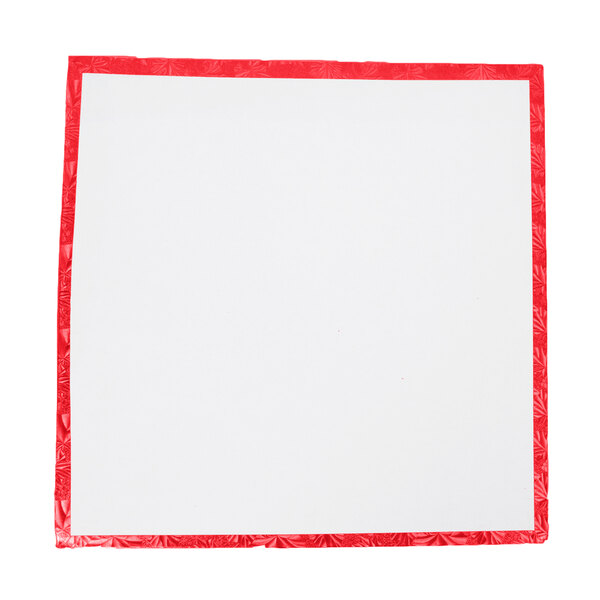 A white square cake drum with a red border.