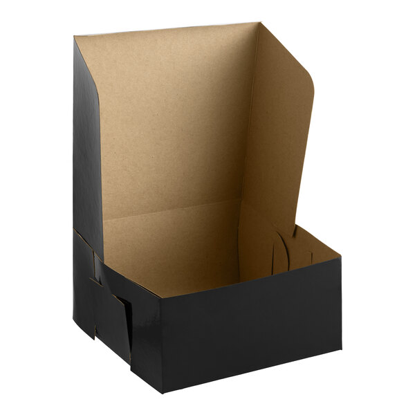 A black cardboard cake or bakery box with an open lid and brown interior.