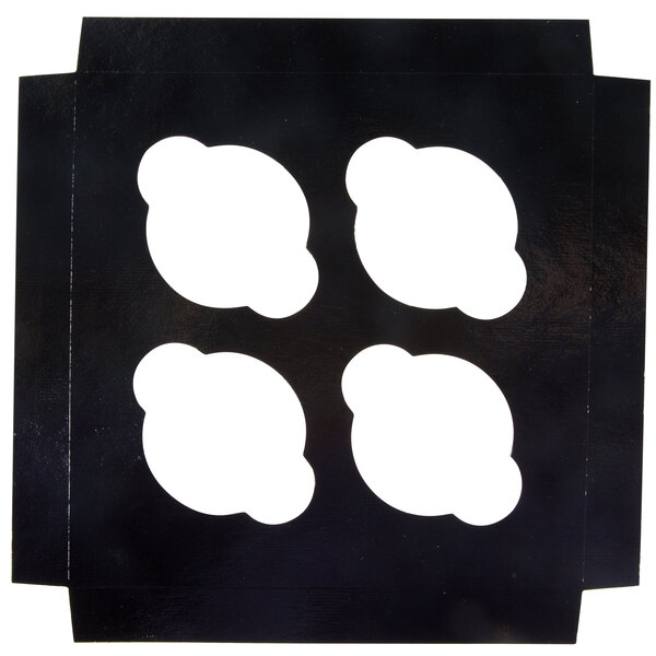 A black square Enjay Bakery Box with four white circles inside.