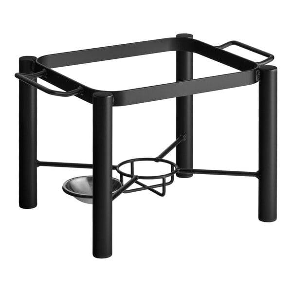 A black wrought iron chafer stand with four legs and a holder for a fuel canister.
