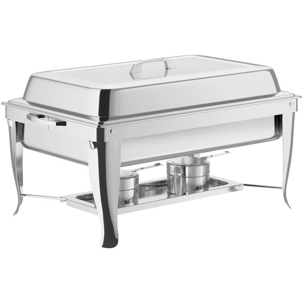 A silver rectangular Choice chafing dish with a stainless steel lid on a table.