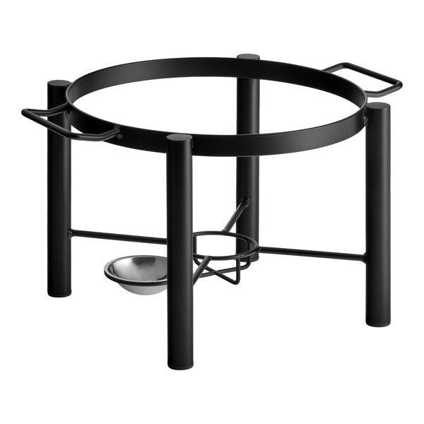 A black wrought iron round chafer stand with handles and a small holder for a fuel cup.