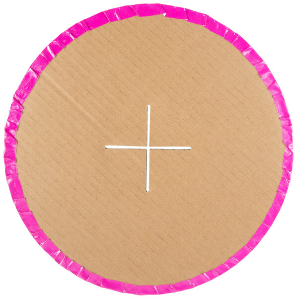 A circular cardboard Enjay cupcake stand with pink trim.