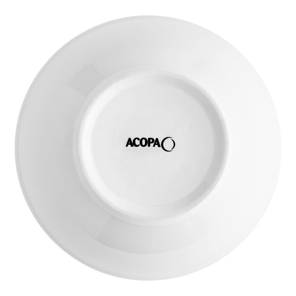 A white Acopa porcelain bowl with black text.