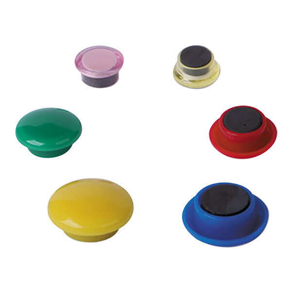 Assorted colored plastic magnets in red, blue, yellow, green, and pink.