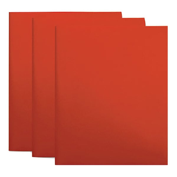 A group of red Universal plastic folders.