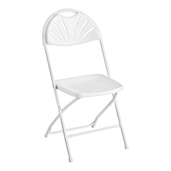A white plastic fan back folding chair.