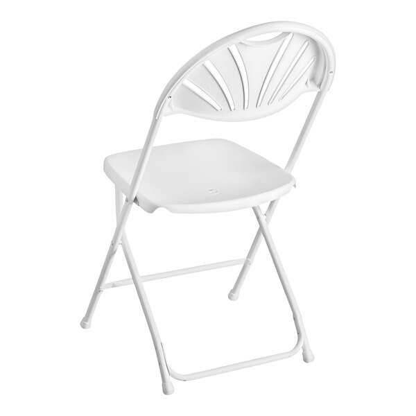 A white Lancaster Table & Seating plastic folding chair with a fan back.