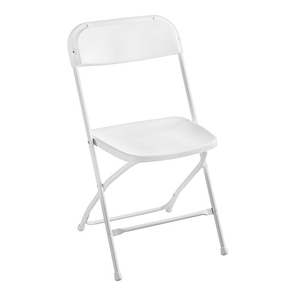 A white Lancaster Table & Seating folding chair with a contoured seat and metal frame.
