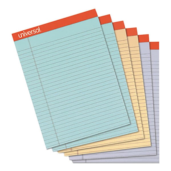 A stack of Universal fashion wide ruled writing pads in 3 assorted colors.