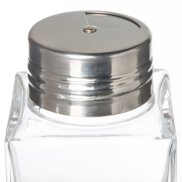 An American Metalcraft square glass cheese/spice shaker with a stainless steel top.