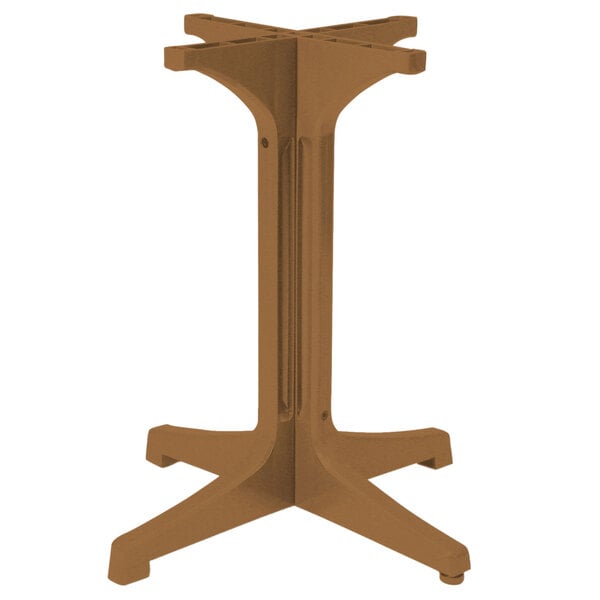 A brown Grosfillex Alpha teakwood resin table base with three legs.