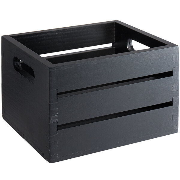 An American Metalcraft black wooden caddy with three compartments and handles.