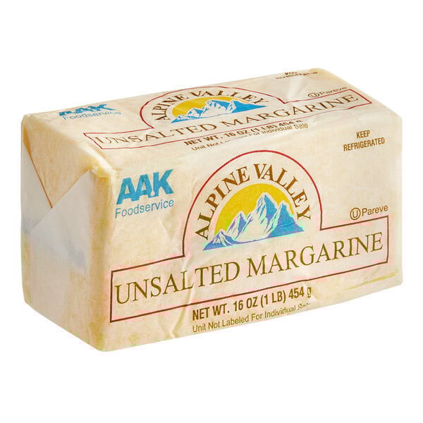 A rectangular package of Alpine Valley unsalted margarine.