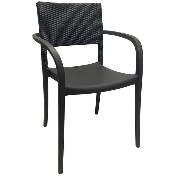 A case of 16 Grosfillex Java charcoal resin armchairs with wicker backs and black frames.