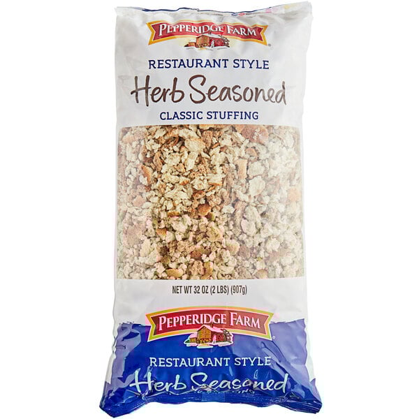 A bag of Pepperidge Farm herb seasoned stuffing on a white background.