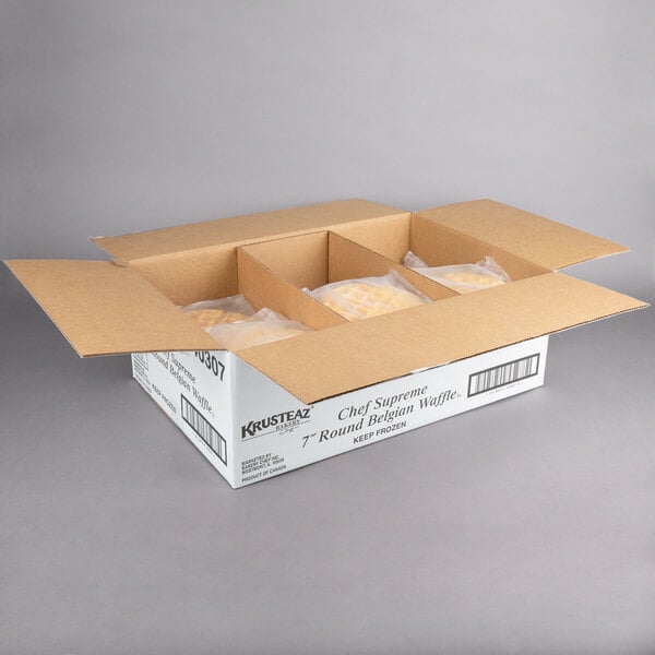 A box of Krusteaz Chef Supreme Belgian Waffles inside a box.
