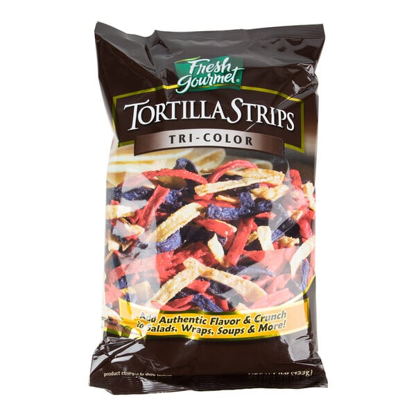 A bag of Fresh Gourmet Tri-Color Tortilla Strips featuring red, yellow, and blue strips visible through the packaging.