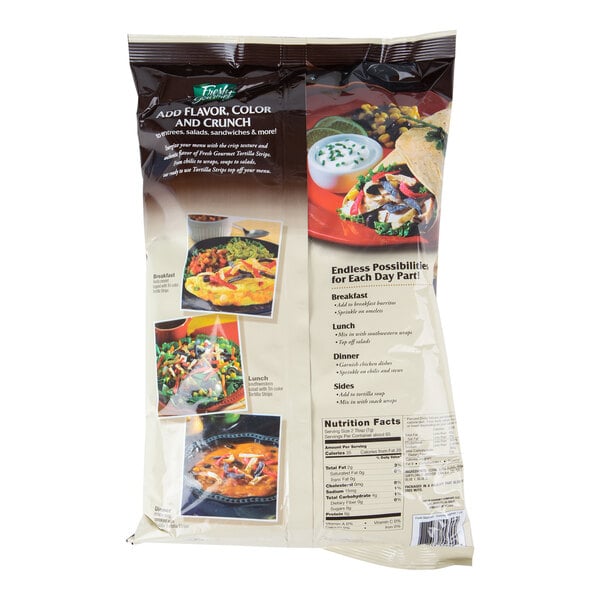 The image shows the back of a bag of Fresh Gourmet Tri-Color Tortilla Strips, featuring serving suggestions, nutritional facts, and meal ideas.