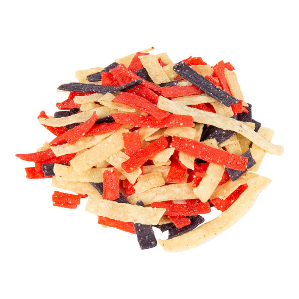 A pile of tri-color tortilla strips in red, yellow, and blue colors on a white background.