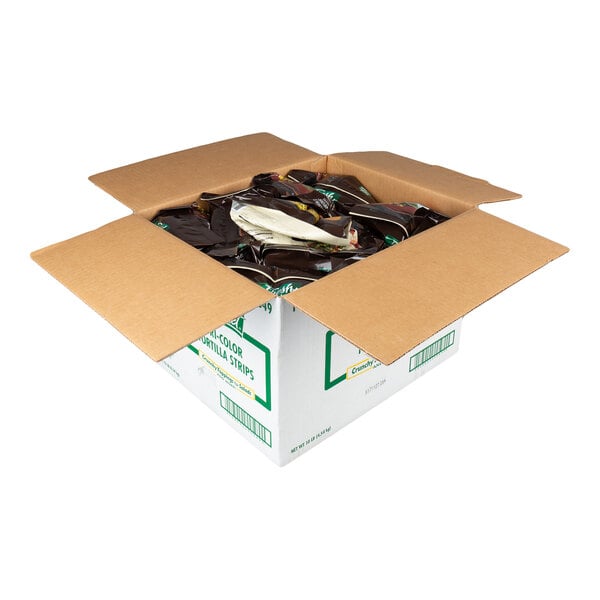 An open cardboard box containing multiple sealed bags with colorful packaging inside.