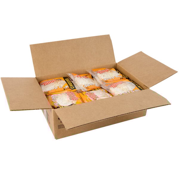 A package of Tony's 5" Deep Dish Cheese Pizzas in plastic bags.