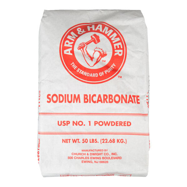 A large white bag labeled "Arm & Hammer Sodium Bicarbonate USP No. 1 Powdered" with red text and a logo, weighing 50 lbs (22.68 kg).