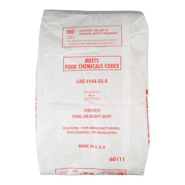 A large white bag with red text indicating it contains a chemical product certified for use in drinking water treatment and meets food chemicals codex standards.
