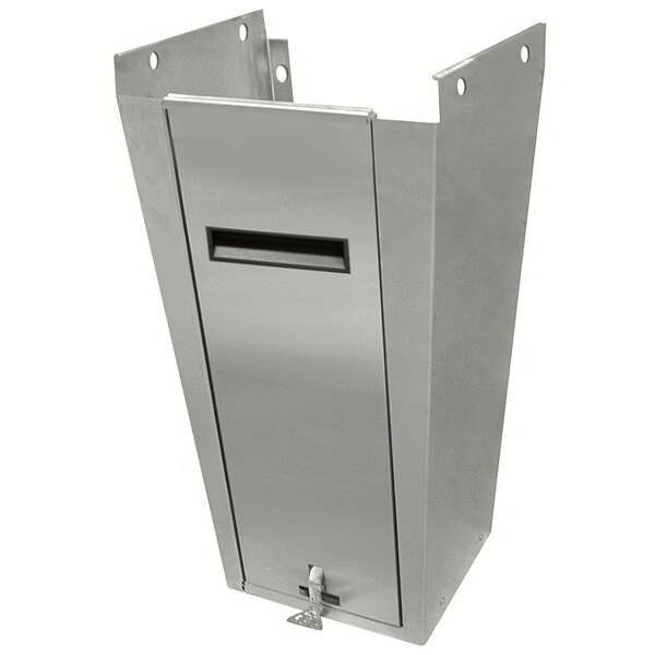 A silver stainless steel pedestal base for a sink with a rectangular slot.