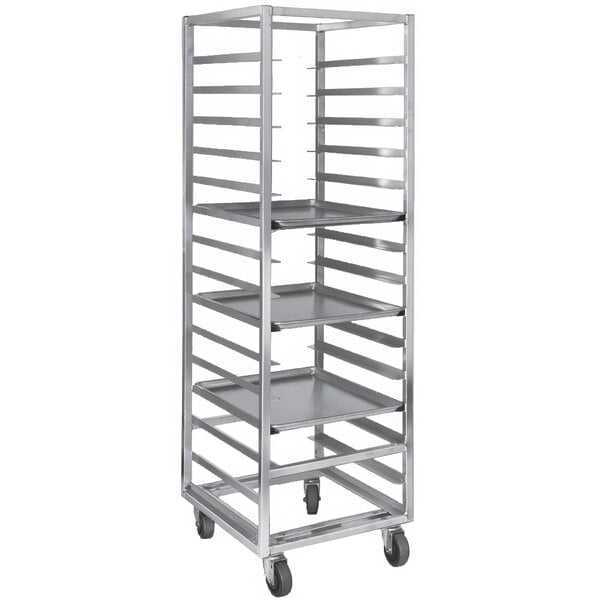 A Channel aluminum sheet pan rack with four shelves on wheels.