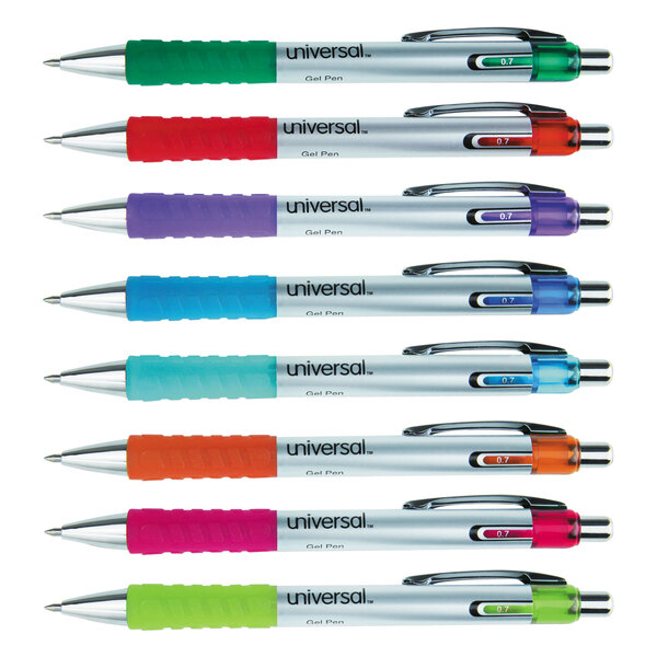 A row of Universal Comfort Grip Deluxe gel pens with different colored ink.