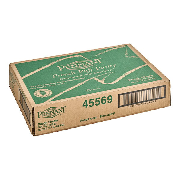 A green and white Pennant French Puff Pastry dough sheet in a cardboard box with green and white text.