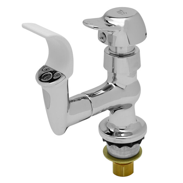 A chrome T&S bubbler faucet with a white pivot action handle and rubber mouth guard.