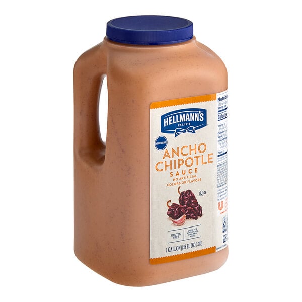 A jug of Hellmann's Ancho Chipotle sauce with a label.