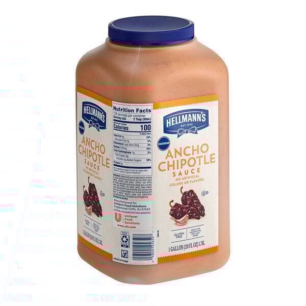 A white plastic container of Hellmann's Ancho Chipotle Sauce.