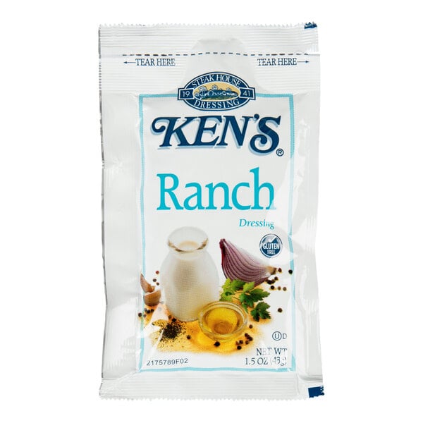 A single-serve packet of Ken's Ranch Dressing with images of ingredients on the front.